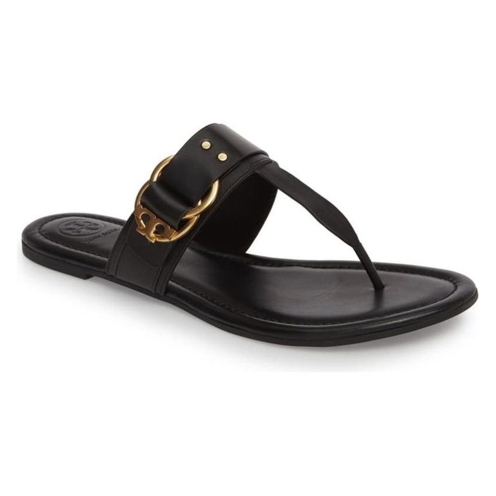 Tory Burch Marsden Black Leather Gold Logo Flat Thong Sandals Size 6.5